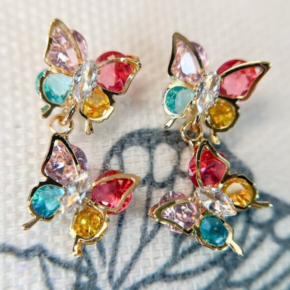 Zircon Butterfly Stud Earrings, Colorful Butterfly Dangle Earring, Gift for Her - Picture 1 of 4